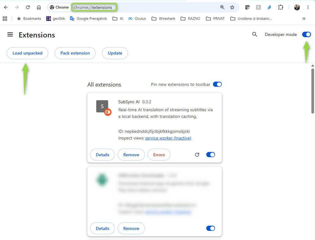 Chrome extensions page: address bar with chrome://extensions, the Developer mode switch (top right), the Load unpacked button (top left) and the SubSync AI card.