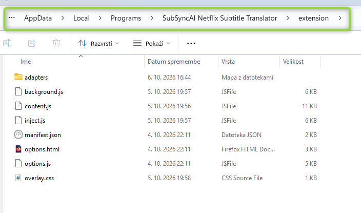 Windows Explorer showing the extension folder with manifest.json, background.js, content.js and the adapters folder.