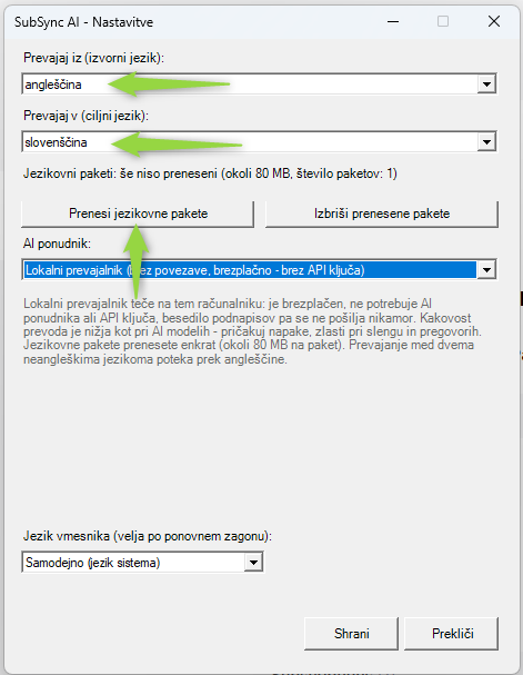 SubSyncAI Settings window: source and target language, AI provider set to Local translator, and the Download language packages button.