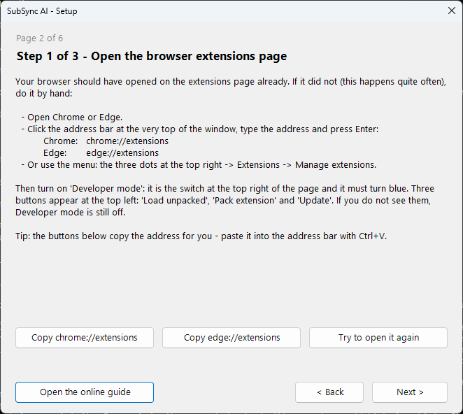 Window 2 of 6 — open the browser extensions page