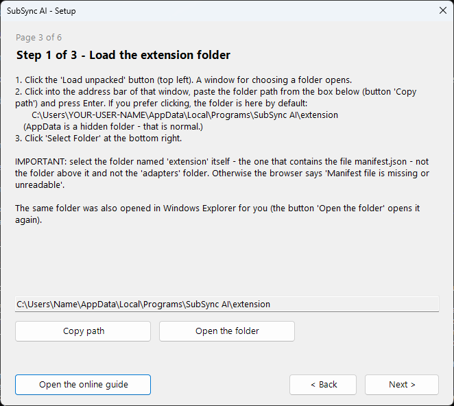 Window 3 of 6 — load the extension folder