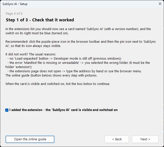 Window 4 of 6 — confirm that the extension was added
