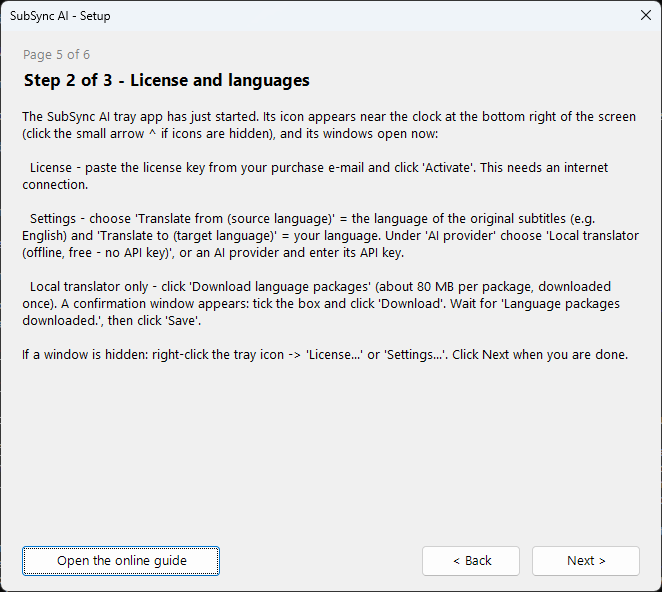 Window 5 of 6 — license and languages